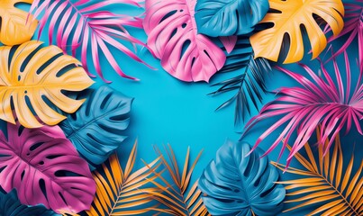 Tropical bright colorful background with exotic painted tropical palm leaves. Minimal fashion summer concept. Flat lay.