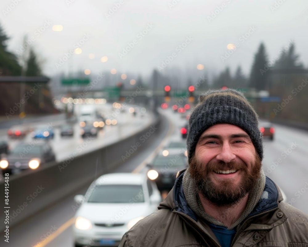 Poster a man in a beanie smiling at the camera while driving on a busy freeway. ai.