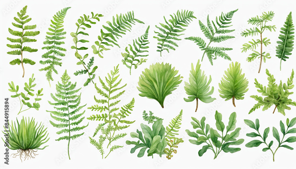 Poster ai-generated watercolor collection of ferns and moss, with transparent isolated backgrounds for vers