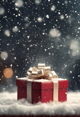 Snow Falls on a Gift for Christmas Background