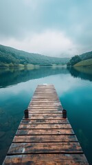 A serene lakeside view with a wooden dock