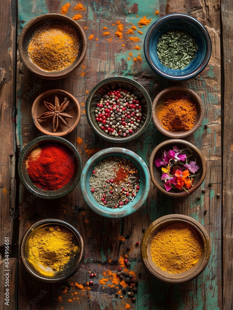 Poster a top-down view of various colorful spices in ceramic bowls, arranged on a rustic wooden surface. ge