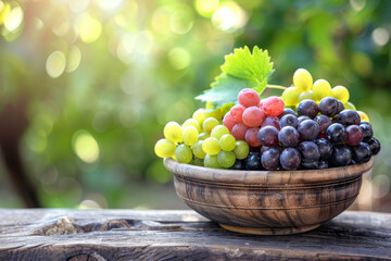 A bowl of assorted grapes, including green, red, and black varieties, displayed on a rustic wooden table with a blurred garden background.. AI generated.