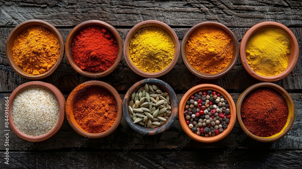 Poster a top-down view of a collection of vibrant spices in colorful ceramic bowls, arranged on a rustic wo