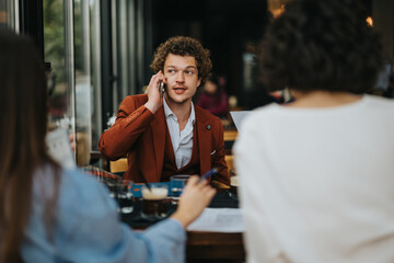 Businessman in a red suit is engaged in a phone conversation while attending a meeting in a cafe with colleagues.