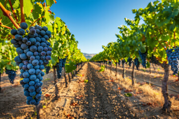 A picturesque vineyard during harvest season, showcasing rows of grapevines heavy with ripe grapes under a clear, bright blue sky.. AI generated.