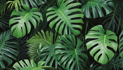 Beautiful green monstera leaf wallpaper inspired by tropical forests, created using generative AI
