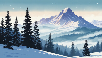 AI-generated winter mountain landscape with snowy pine trees, set against a starry blue sky, perfect for holiday designs