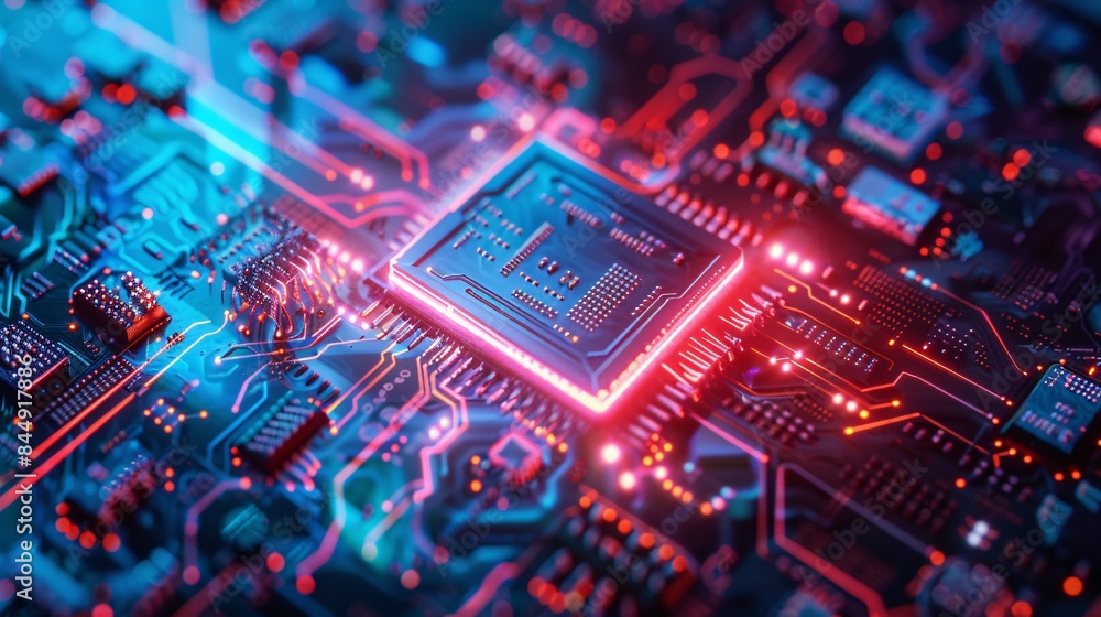 Poster close-up of a glowing cpu on a circuit board