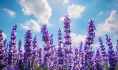 Fototapeta premium Blooming lavender field under blue skies