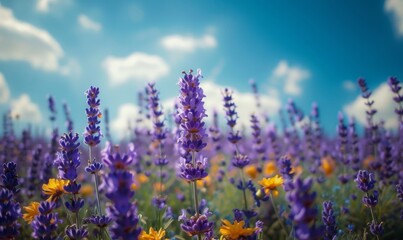 Naklejka premium Blooming lavender field under blue skies