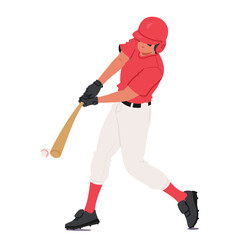 Batter Baseball Player Character In Red And White Uniform, Swinging A Wooden Bat To Hit A Baseball, Vector Illustration
