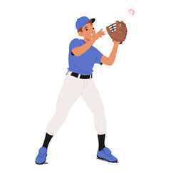 Baseball Player Fielder Character In A Blue Uniform Focused On Catching Ball With His Glove Cartoon Vector Illustration