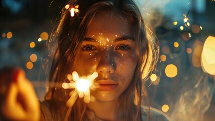 Young woman with freckles holding sparkler at night