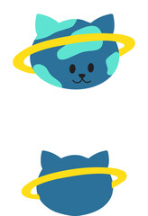 Cat planet with ring isolated. Continents and oceans on planet. Space fantasy element. Cute Kitten face. Imaginary galaxy. Pet muzzle. Artifice. Vector illustration