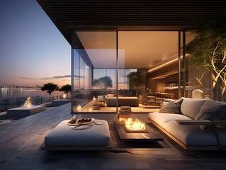 Luxury outdoor terrace with swimming pool and sea view. 3d rendering