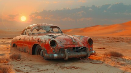 Old rusty car abandoned in the desert at sunset with broken windows