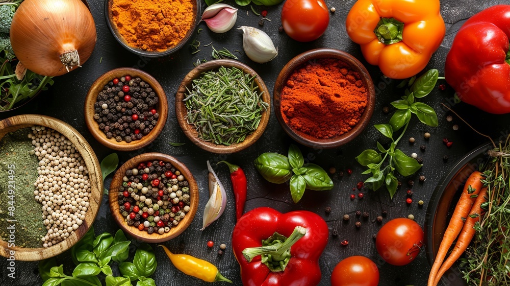 Poster a close-up image of a kitchen table displaying various spices in bowls and fresh vegetables like bel