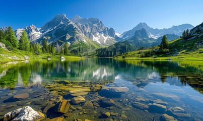 Clear mountain lake with reflections