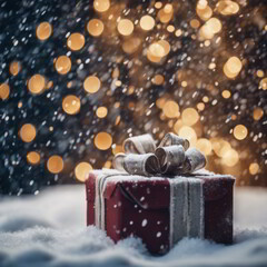 Snow Falls on a Gift for Christmas Background