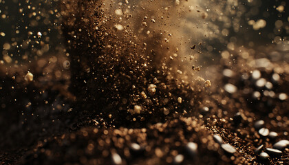 Fresh roasted coffee beans with smoke on wooden floors Explosion of ground coffee with roasted beans on dark background