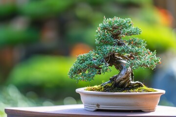 Small bonsai tree exudes peace against a blurred natural background