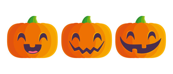 Vector set icons of pumpkin for Halloween in kawaii style.