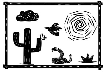 Scene from the northeastern backlands. Desert nature elements, snake, tree, cactus and scorching sun. woodcut style