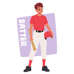 Baseball Player Batter Character Dressed In Red And White Uniform, Holding A Bat And Helmet Isolated On White Background