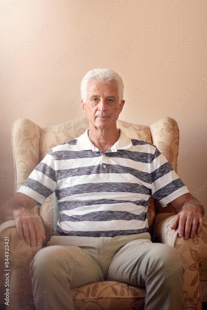 Canvas Prints Sofa, relax and portrait of elderly man for resting, peaceful and comfortable on weekend. Living room, pensioner and person on couch in nursing home for assisted living, senior care and retirement