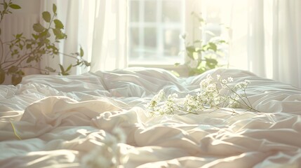 Sunlight and Flowers on a White Bed
