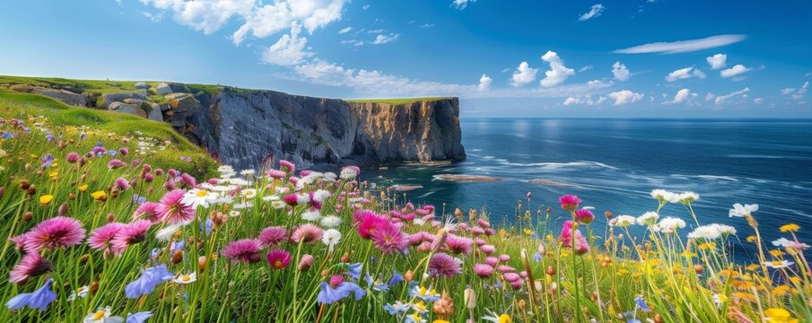 Coastal cliffs with wildflowers in bloom