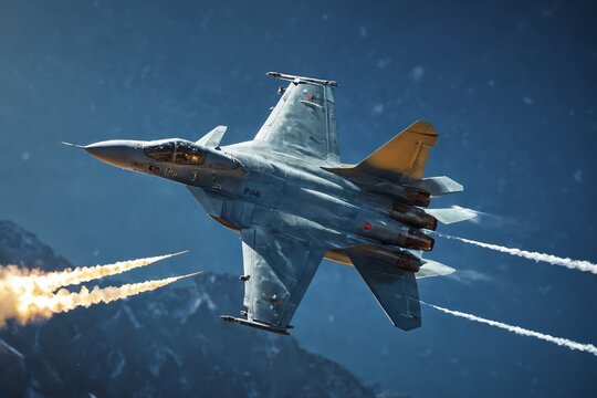 Combat-Ready Fighter Jet Soaring with Armed Missiles Against Dark Clouds