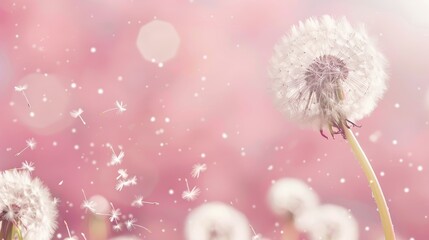 Dandelion in the sky on pink backdrop Chill room for text