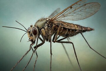 Intricate Fly Portrait with Translucent Wings on a Blurred Green Background