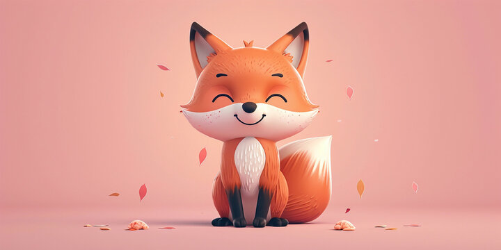 A cute cartoon smiling fox on a pink background