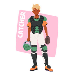 Baseball Catcher Character In Full Protective Gear Including A Chest Protector, Leg Guards, And A Catcher Mitt, Vector