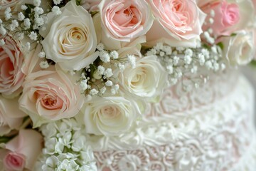 Close up of a white wedding cake adorned with intricate floral designs and pearls, set against a floral background, capturing an elegant and romantic dessert