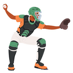 Baseball Player In Action, Dressed In Full Protective Gear, Preparing To Catch A Ball. Catcher Is Equipped With A Helmet