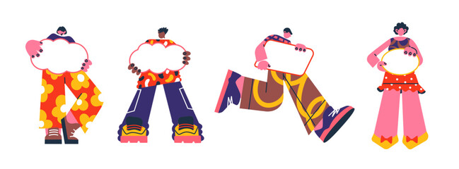 People hold bubble signs bubble speech in hands. Cartoon characters holding blank banner, texting, talking, discussing, protesting, demonstrating. Vector doodle groovy comic mascot