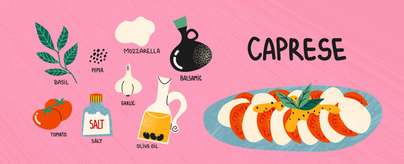Italian caprese salad with tomatoes, mozzarella and oil. Constructor for dishes of national Italian cuisine. Cartoon illustration of recipe and ingredients for cafe and restaurant