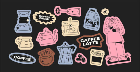 Coffee stickers and barista characters.Coffee makers, kettles,  brewing, arabica coffee, glass,espresso,cappuccino, beans.Graphic doodle minimalist retro icons.Coffee shop patches