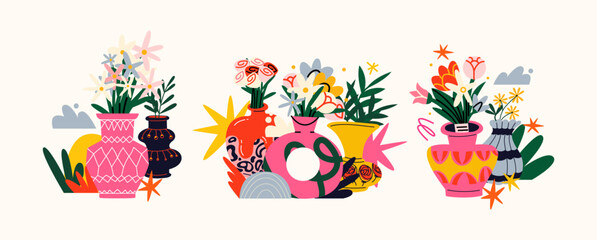 Abstract flower composition in vases, bouquets, plants. Botanical elements, cartoon decorative foliage. Blooming bouquets and abstract shapes in retro groovy doodle style