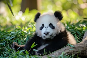 Fototapeta premium Cute baby panda lies on the grass with a peaceful expression in a natural habitat
