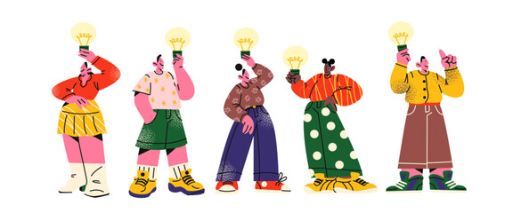 People find solution, brilliant idea, lightbulb. Cartoon characters working as team, solving a problem, business idea, brainstorming, finding 
 solution. Creative thoughts and inspiration.