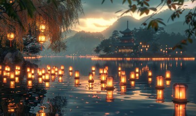 Floating lanterns on a lake