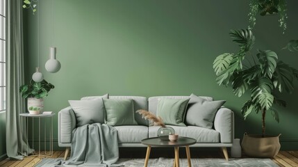 Cozy green home interior with sofa, table and decor in living room.