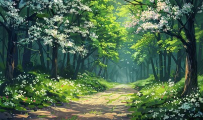 Fototapeta premium Forest path with blooming trees