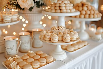 Elegant dessert table featuring assorted pastries and macarons, set against a warm and inviting background, capturing a charming and celebratory scene