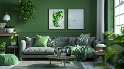 Cozy green home interior with sofa, table and decor in living room.
